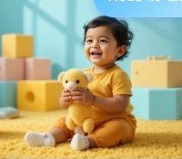 A smiling toddler holding a teddy bear